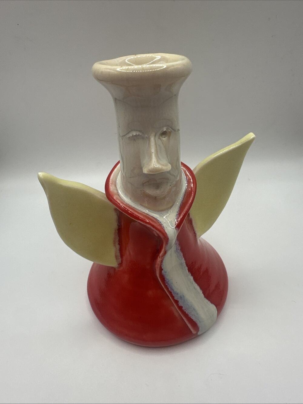 Handmade Pottery Face Candlestick With Wings, Signed